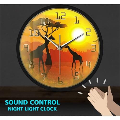 Wildlife Giraffe Animal Metal Frame Wall Art Decor Luminous Clock Sound Control Serengeti African Sunset View Wall Hanging Watch