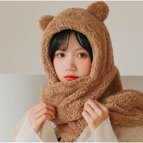 2021 Winter Women Novelty Beanies Caps Keep Warm Cute Bear Ear Hat Casual Plush Hat Scarf Set Solid Caps Present Gift Outdoor