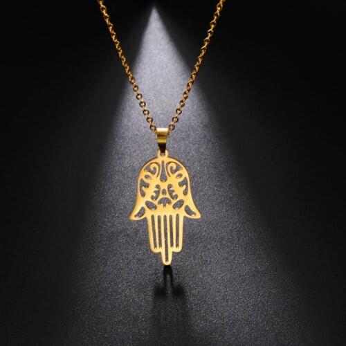 Hamsa Hand Necklace Gold Color Middle Eastern Turkish Luck Symbol Necklaces for Women Men Hip Hop Stainless Steel Jewelry