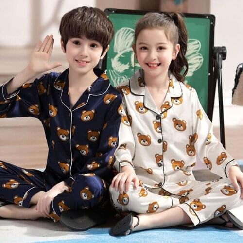 Childrens Pajamas Set Baby Kids Clothes Suits Toddler Boys Girls Ice Silk Satin Cartoon Bear Tops Pants Set Boys Girl Sleepwear