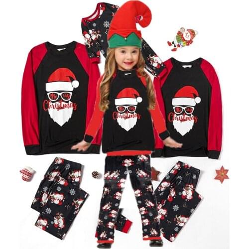 Xmas Family Matching Pajamas Christmas Print Santa Claus Mom Dad Children Long Sleeved Black Red Splicing Letters Print Homewear