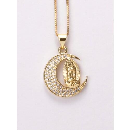 Crescent moon religious belief The Blessed Virgin Mary paved white cz crystal18 inches gold pendant necklace blessing man woman