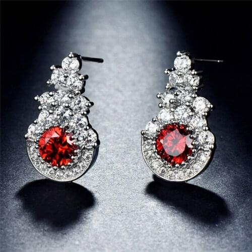 Blaike Red Crystal Zircon Christmas Tree Stud Earrings for Women Silver Color Jewelry January Birthstone Earrings