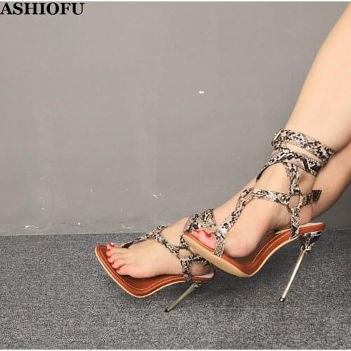 ASHIOFU New Arrival Ladies High Heel Sandals Faux-snake Leather Party Prom Summer Shoes Real-photos Evening Fashion Sandal Shoes