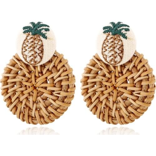 Handmade Bohemian Wooden Rattan Straw Weave Knit Vine Braid Drop Earrings For Women Statement Big Geometric Long Earring Jewelry