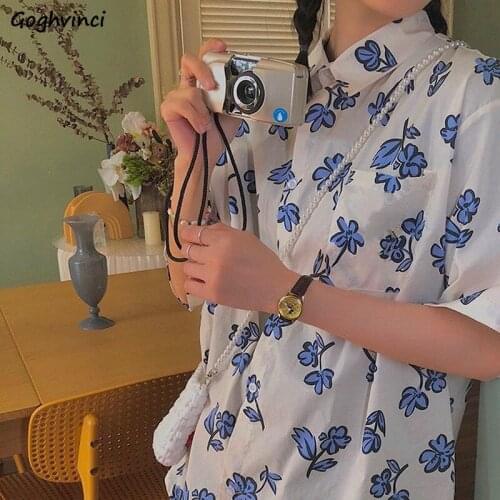 Shirts Women Vintage Floral Turn-down Collar Fashion Short Sleeve Baggy Lovely Leisure Korean Style All-match Street Harajuku