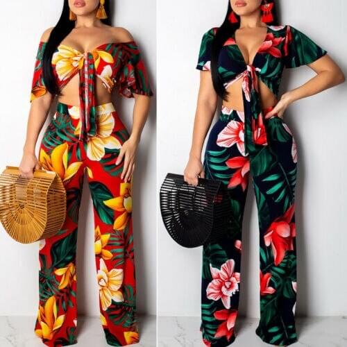 Women Two Piece V-Neck Bandge Jumpsuit Floral Printed Crop Top Plus Wide Leg Trousers New