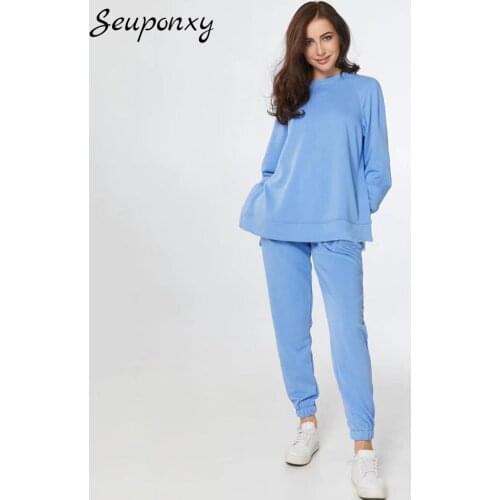 High Quality WomenS Loose 2 Two-Piece Set 2021 Sexy O-Neck Long Sleeve Side Zipper Pullover + High Waist Pants Casual Set