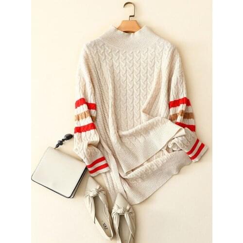 2020 winter new style cashmer merino wool turtleneck sweater women cable knit striped pullover fashion brand knitwear