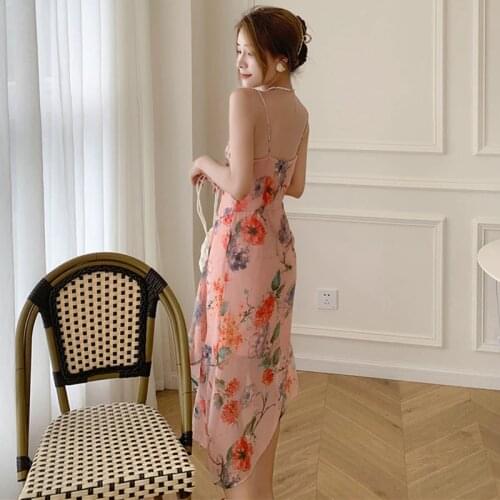 Women Long Floral Pink Slip Dress Summer 2021 Slim Runway Elegant Strappy Backless Boho Fairy Beach Vacation Party Vestidos New