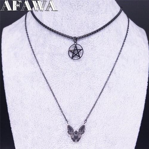 AFAWA Witchcraft Pentagram Hairless Cat Stainless Steel Layered Necklace Women Black Color Necklace Jewelry gargantilla N3752S02