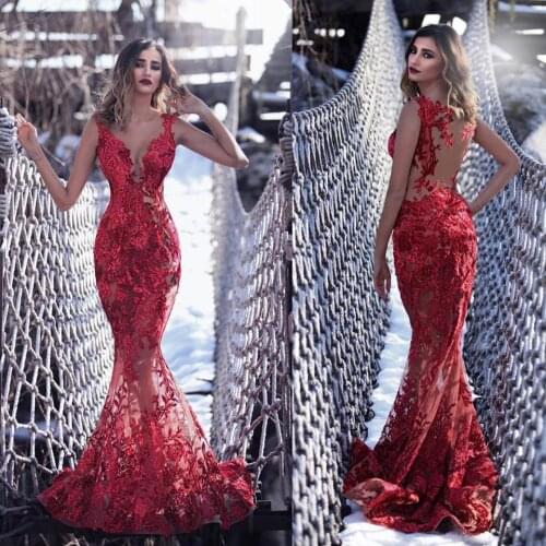2020 Red Plunging Neck Mermaid Evening Dresses Sweep Train Illusion Special Occasion Dress Custom Made Arabic Prom Gowns