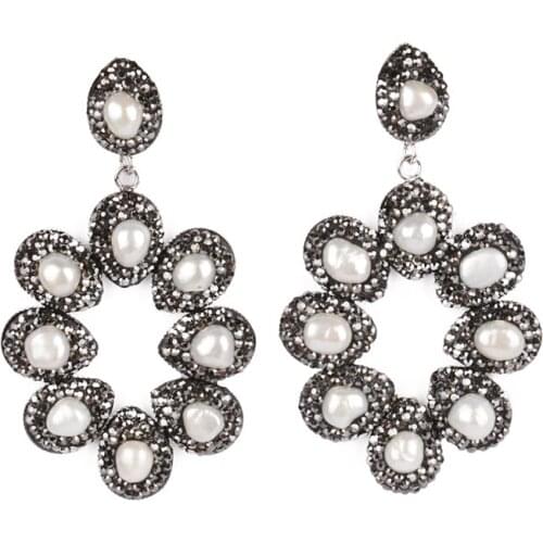 3pairs Natural Freshwater Pearl Bead Pave Black Rhinestone Big Hollow Chandelier Pendant Charm Women Dangle Earring For Gift2020