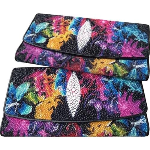 Authentic Exotic Stingray Skin Hasp Closure Female Large Flower Purse Wallet Genuine Leather Lady Phone Clutch Women Card Holder