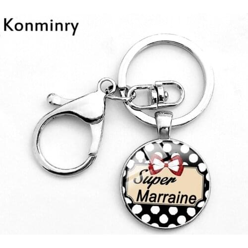 Konminry Super Marraine Parrain Hook Lobster Clasp Key Chain Round Glass Pendant Je Suis Une Maman French Words Keychain Jewelry