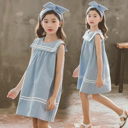 Kids Girls School One-piece Dress 8 10 12 years 2021 Summer Sleeveless Cotton Preppy Style Sundress