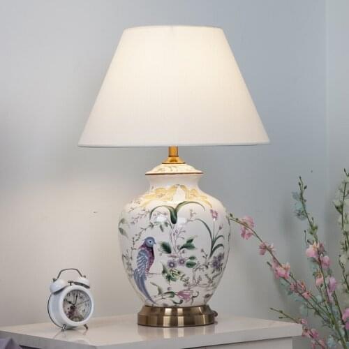 American Chinese Style Flowers And Birds White Ceramic Table Lamp For Living Room Bedroom Bedside Lamp Study Decorative Lamp