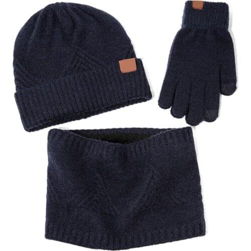 3 Pieces Men Women Winter Beanie Hat Scarf Touch Screen Gloves Set Triangle Striped Knit Thermal Plush Lined Cuffed Skull Cap N