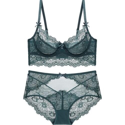 Lace floral women Bra And High Wasit Panties Transparent Push Up Brassiere Underwear Set Girl Sexy Lingerie Plus Size ABCD cup