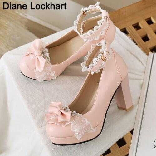 Summer 2021 Ladies Heels Platform Cute Bow Lace Princess Mary Jane Lolita Shoes Party High Heel Buckle Women Pumps Girls Sweet