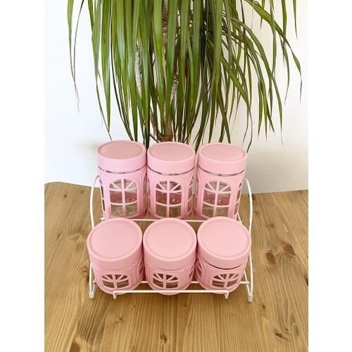 Miazze 7 Piece Standing Screw Cover Glass Spice Kit Set Pink