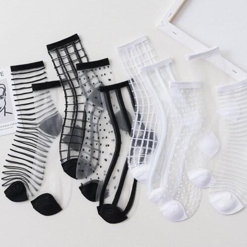 Harajuku Ankle Socks Women Fashion Transparent Black Lace Stripe Summer Socks White Female Sexy Short Socks Calcetines Mesh I4J7