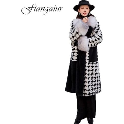 Ftangaiur 2020 Winter Import Velvet Mink Fur Coat Womens Full Sleeve Turn-Down Print Plaid Slim Natural Real Mink Fur Coats