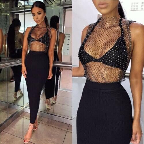 2019 New Women Sleeveless Mesh Rhinestone Club Party Crop Tops Blouses Pullover Top Shirts