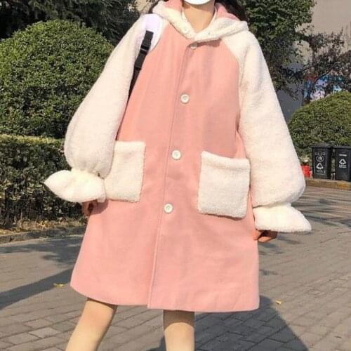 Autumn/Winter Japanese Cute Kawaii Lolita Girl Woolen Coat Preppy Gentle Fairy Bunny Ears JSK Uniform Girl Pink Coats Jackets
