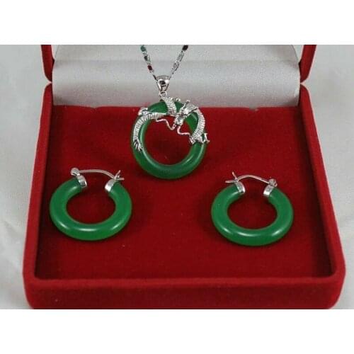 Natural Green Jade Pendant Necklace Earring silver Hook Set in box Fine Jewelry