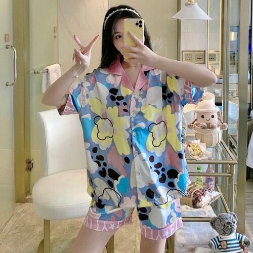 Women Sleepwear Cartoon Pajama Summer Pajamas Loose Version Set Silk Short Sleeved Shorts Suit Plus Size XXXL