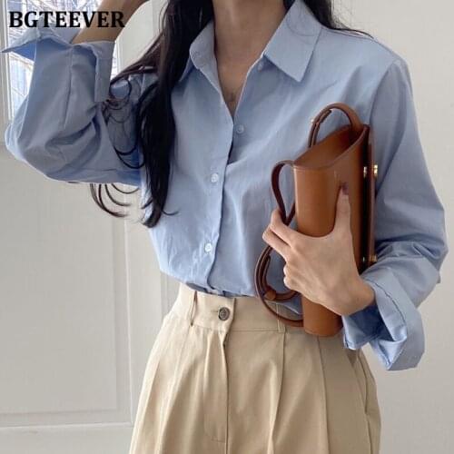 BGTEEVER Chic Turn-down Collar Solid Women Shirts 2021 Long Sleeve Single-breasted Female Blouses Tops OL Blusas Femme Spring