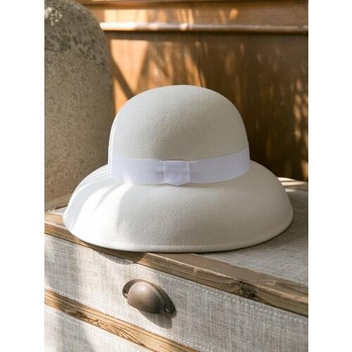 2021 High End White Pure Wool Bucket Hat Wide Brim Fedoras French Ladies Winter Spring Wedding Felt Hat Dome Wool Sombrero Hat