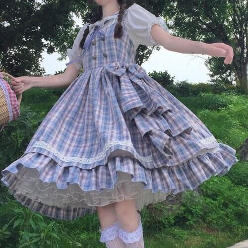 Japanese Lolita Daily Doll Collar Short-Sleeved Lolita with Slim Plaid Dungaree Dress Womens Summer Fairy Kei Lolita Dress