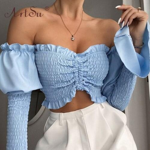 ArtSu Blue Off Shoulder Ruched Drawstring Women Top Blouses Shirts Black Party Crop Tops Autumn Fashion Blusas Mujer White