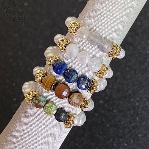 High-fashion Multi Color Natural Stone Wedding Rings for Women All Handmade Elastic Rope Chain Pearls Moonstone Beaded Rings
