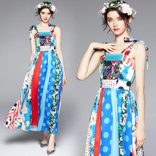 Summer Runway Vintage Floral Print Square Neck Bow Spaghetti Straps Sleeveless Women Ladies Party Casual Beach Midi Sundress