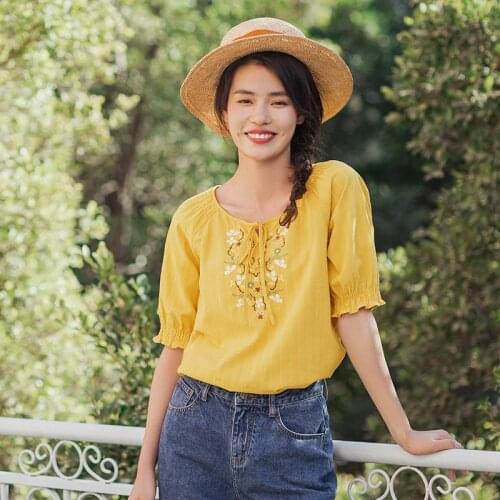 INMAN Summer Pure Cotton Sweet Pullover Retro Embroidered Bowknot Half Sleeve Blouse