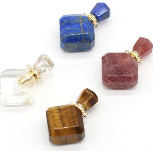 Natural Tiger Eye Stone Lapis Lazuli Strawberry Quartz Perfume Bottle Pendant for Jewelry Making DIY Necklace Accessories15x35mm
