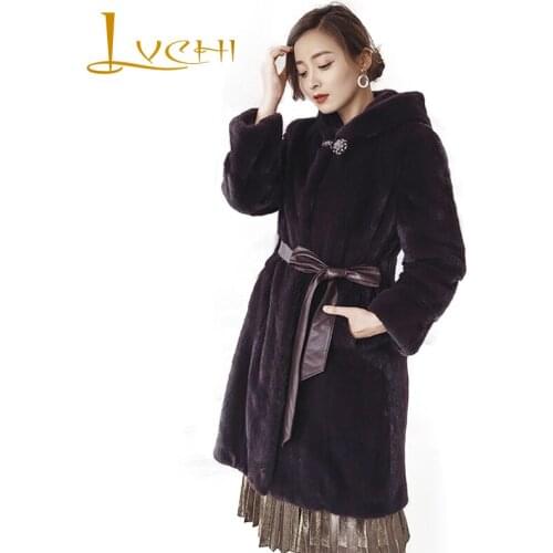 LVCHI Winter 2019 With Fur Hood Import Real Mink Fur Coats Womens Full Sleeve Coat Draped Full Pelt Causal X-Long Mink Coats