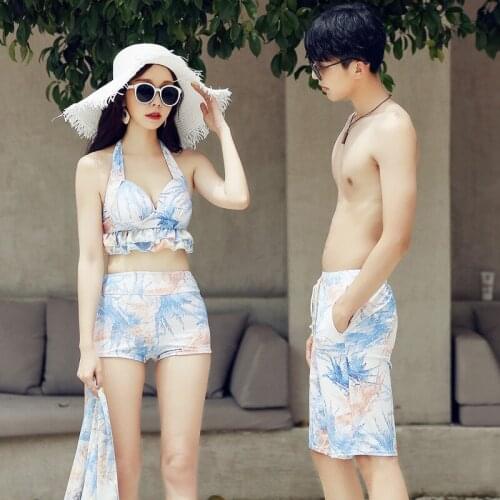 2021 New Summer Couple Swimwear Hot Spring Holiday Beach Wear Sexy Backless 3 Piece Bikini Set Women Quick Dry Men Beach Shorts