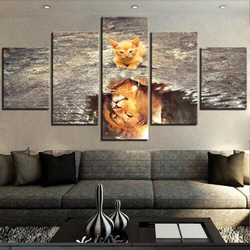 Prints Paint Animal Artwork 5 Pieces Modular Canvas Poster Lion and Kitten Cat Home Decor Bedside Backgroun Framework