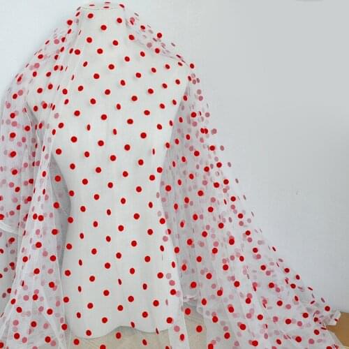 White Mesh Red Dot Flocking Mesh Fabric For Baby Dress Skirt Accessories,By The Meter