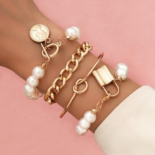 KMVEXO Punk Gothic Imitation Pearls Lock Bracelets Female Knot Flower Bracelet Bangles for Women 2020 Fashion Gold Coin Jewelry