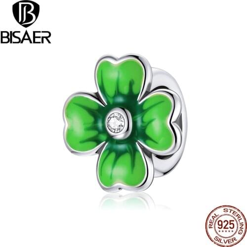 BISAER Lucky Clover Charms 925 Sterling Silver Four-leaf Clover Pendant Beads for Women Silver Bracelet DIY Jewelry Gift ECC1749