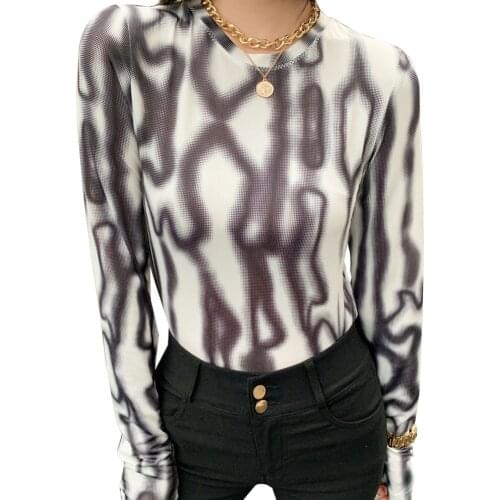 Tshirt Women Mesh Tops Irregular Stripe Print Full Sleeve T-shirt Tops Camiseta Mujer Top Women Harajuku T Shirt Streetwear