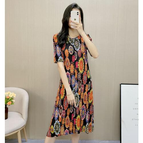 HOT SELLING Miyake fashion print o-neck short sleeve pleated dress IN STOCK