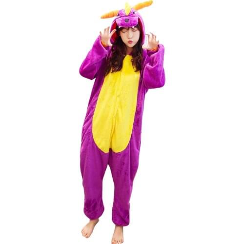 Adult Purple Dragon Dinosaur Kigurumi Women Men Cartoon Animal Cosplay Costume Winter Onesie Pajama Hooded Couple Party Suit