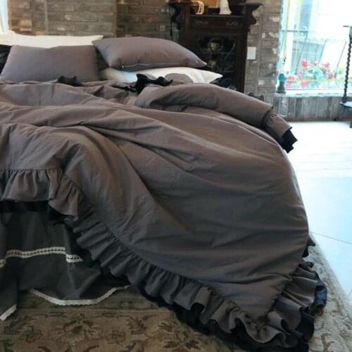 Korean princess pure cotton solid color gray black bedding set 4pcs full queen size ruffles flounce bed skirt free shipping YW