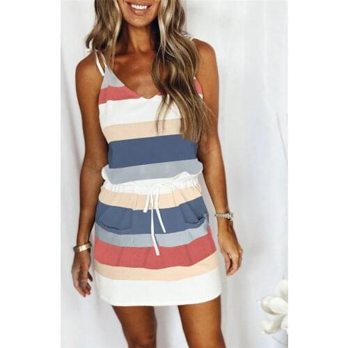 Fashion Stripe Pocket Bandage Mini Sling Dress Sexy V-Neck Shoulder Strap Plus Size Beach Party Dress 2021New Women Summer Dress